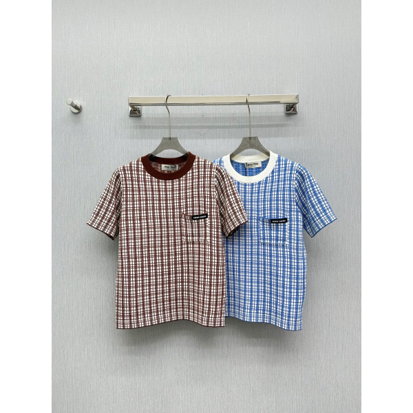 체크 라운드넥 니트 반팔