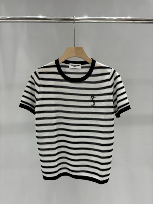 반짝이 줄무늬 니트 자수 알파벳 반짝이 로고 캐주얼 반팔 상의