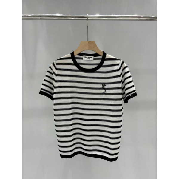 반짝이 줄무늬 니트 자수 알파벳 반짝이 로고 캐주얼 반팔 상의