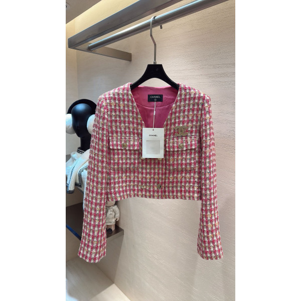 핑크 톤 체크 패턴 트위드 숏 재킷