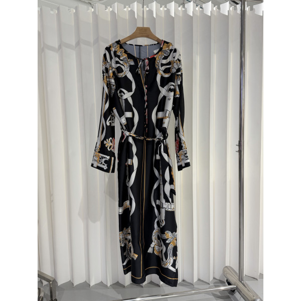 실크 프린트 리본 롱 스커트