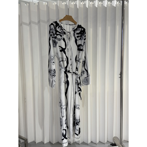 실크 프린트 리본 롱 스커트