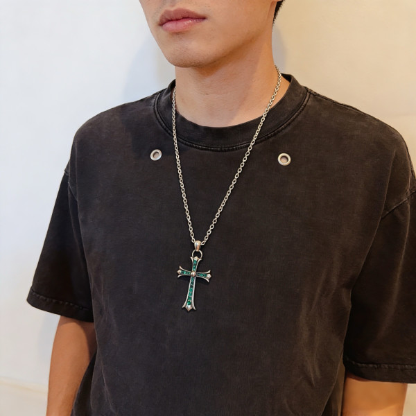 클래식 레트로 목걸이, 녹색 다이아몬드 십자가 펜던트