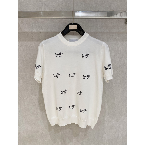 알파벳 자수 라운드넥 반팔 니트 티셔츠