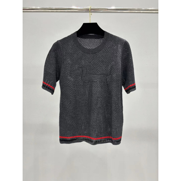 강아지 패턴 니트 홀로우 숏 슬리브