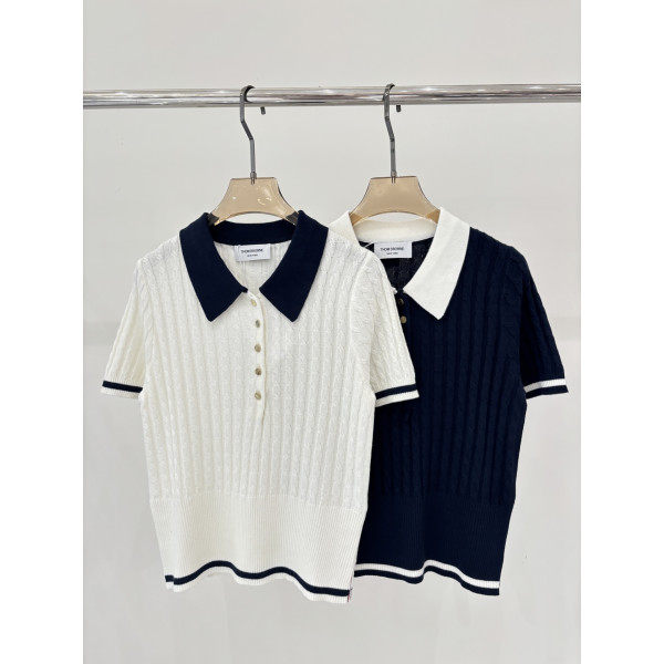 플립 칼라 앵커 입체 인레이 메탈 버튼 니트 숏 슬리브