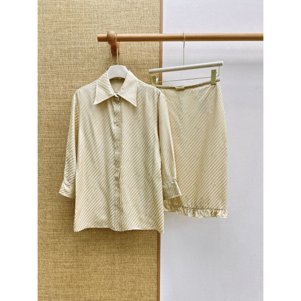 더블 G 자카드 실크 블라우스 반스커트 세트