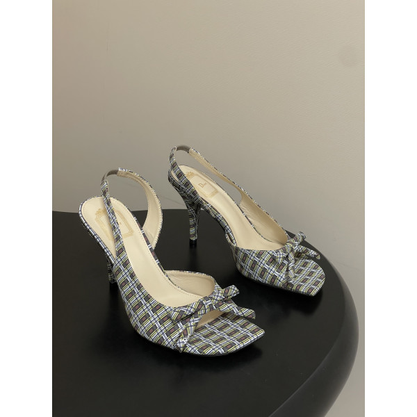 CD 로고 리본 오픈토 피시테일 백오픈 하이힐 샌들