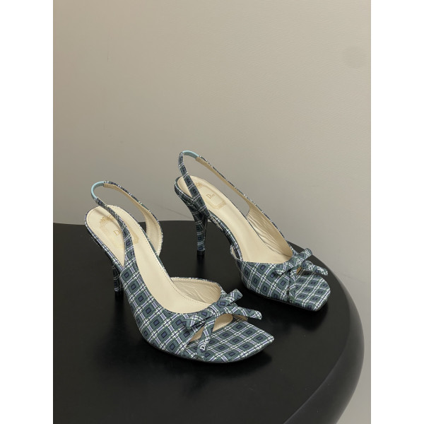 CD 로고 리본 오픈토 피시테일 백오픈 하이힐 샌들