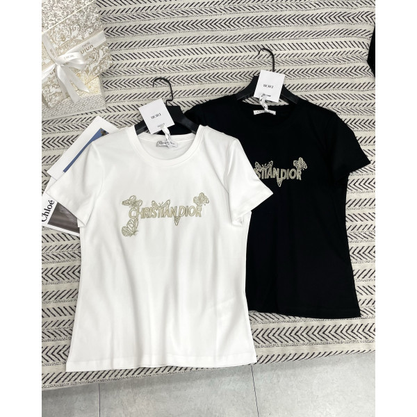 나비 자수 스터드 알파벳 티셔츠