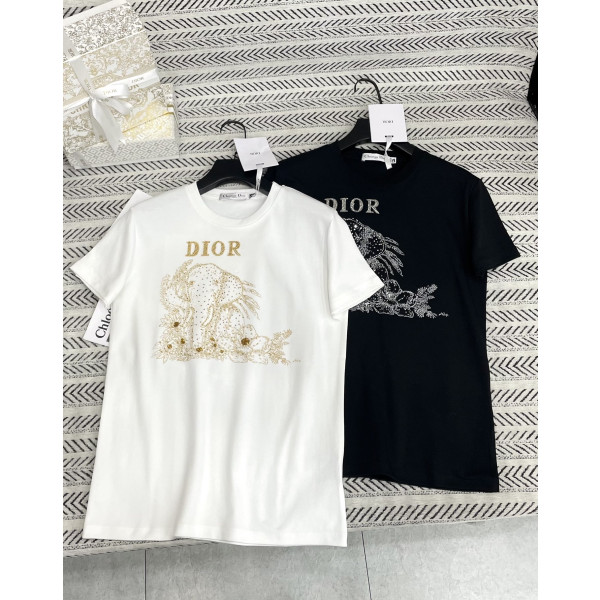 자수 스터드 코끼리 패턴 알파벳 티셔츠