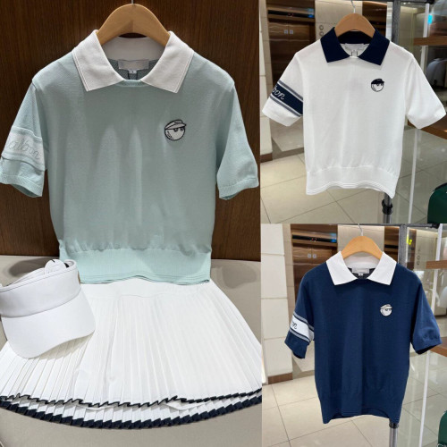 말본 여성 배색 카라 니트 반팔 티셔츠