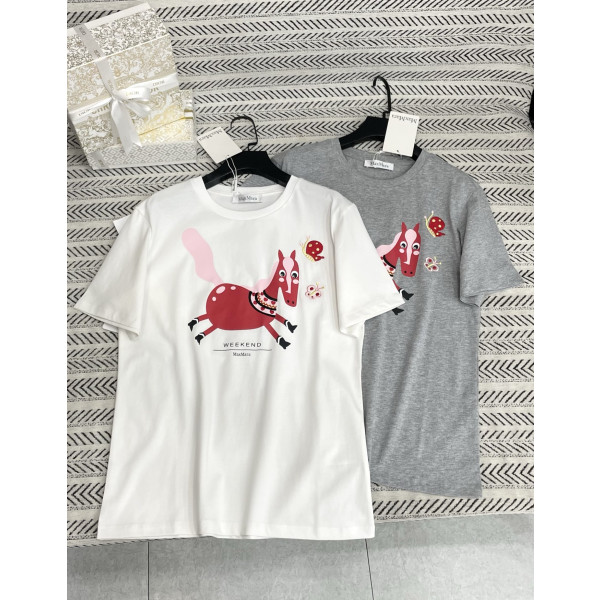 작은 말 프린트 자수 나비 패턴 알파벳 티셔츠