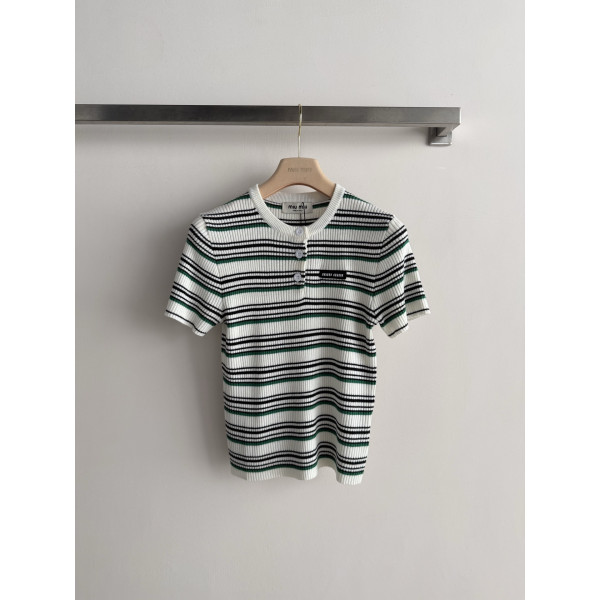 스트라이프 반팔 니트 상의