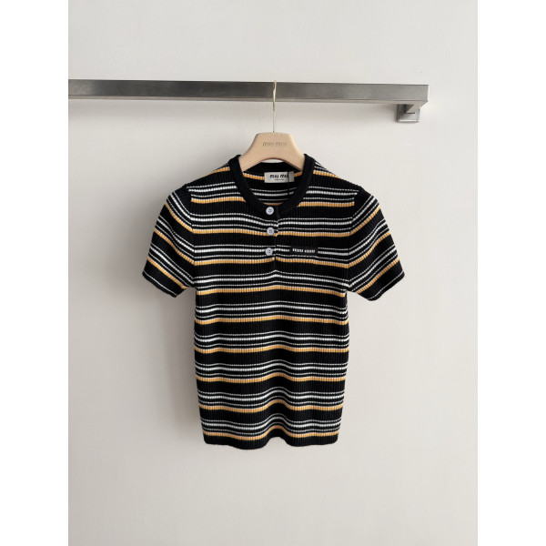 스트라이프 반팔 니트 상의