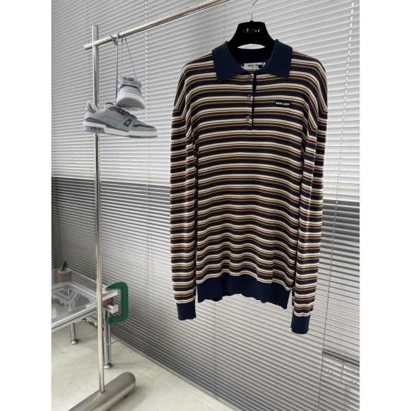 로고 패치 컬러 블록 스트라이프 롱 슬리브 니트 폴로 셔츠