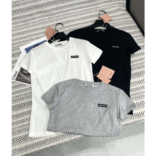 자수 패치 알파벳 대나무 절면 티셔츠