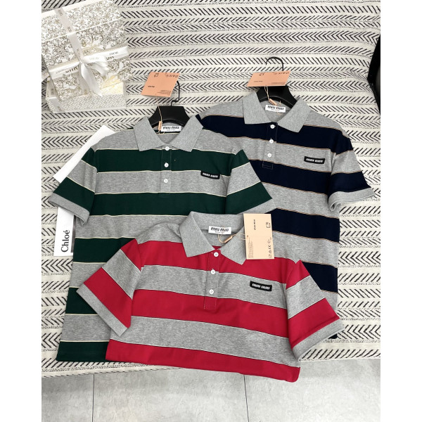 줄무늬 플립 칼라 입체 알파벳 패턴 티셔츠