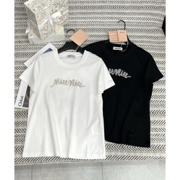 핫픽스 드라이 핸드메이드 비즈 알파벳 패턴 티셔츠