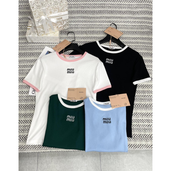 컬러 블록 칼라 자수 알파벳 패턴 코튼 티