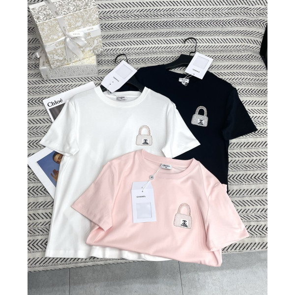 수제 비즈 장식 향수 병 자수 알파벳 패턴 티셔츠