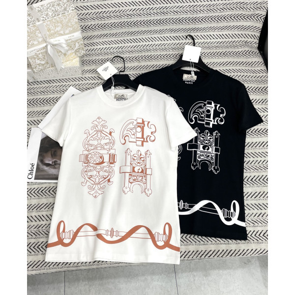 체인 플로럴 인쇄 알파벳 패턴 티셔츠