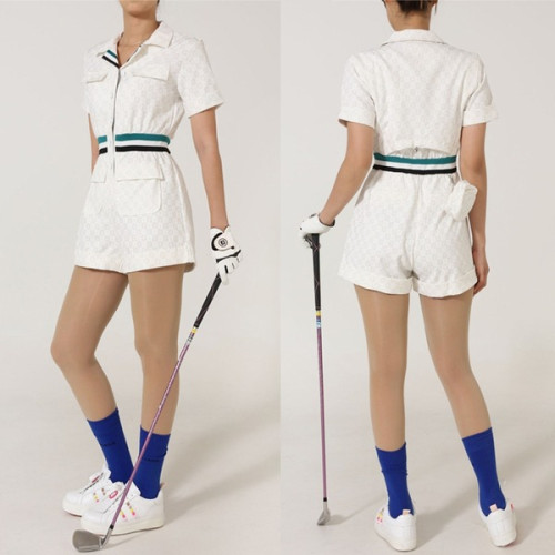 지포어 자카드 쇼트 슬리브 점프슈트