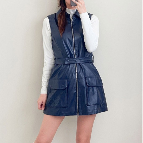 지포어 여성 벨티드 비건 레더 원피스