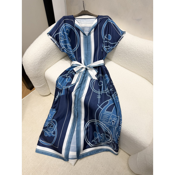 실크 인화 벨트 숏슬리브 오프숄더 원피스