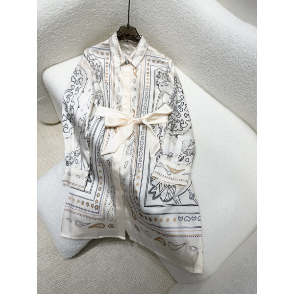 실크 인화 벨트 셔츠 원피스