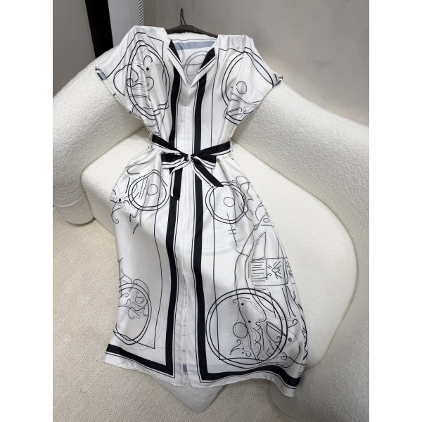 실크 인화 벨트 숏슬리브 오프숄더 원피스