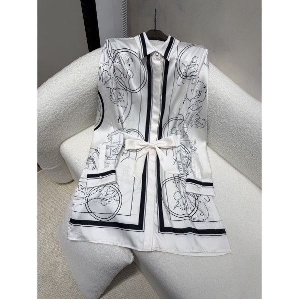 실크 인화 벨트 셔츠 원피스