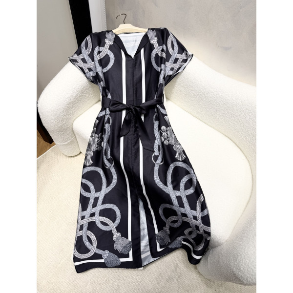 실크 인화 벨트 오프숄더 숏슬리브 원피스