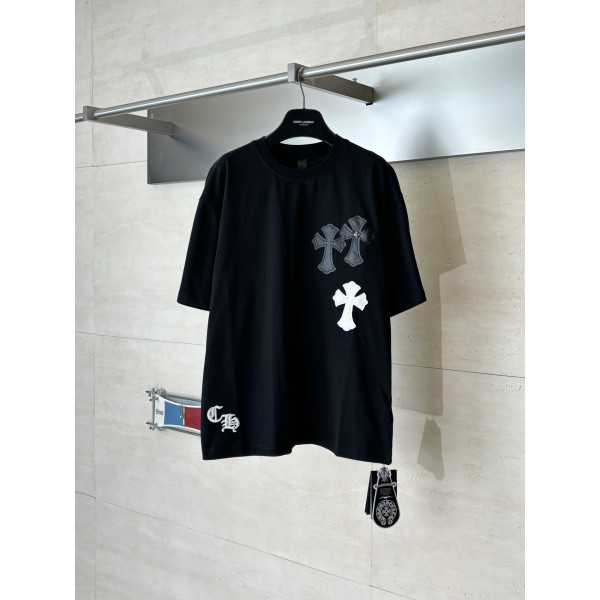 Ch 십자 가죽 라벨 반팔 티셔츠