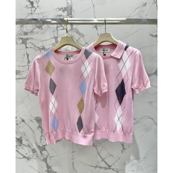 다이아몬드 격자 플랩 칼라 니트 셔츠