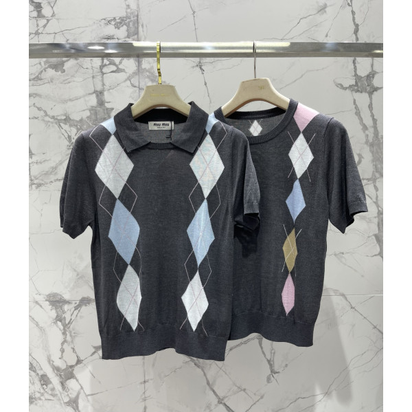 복고 다이아몬드 격자 니트 라운드넥 반팔