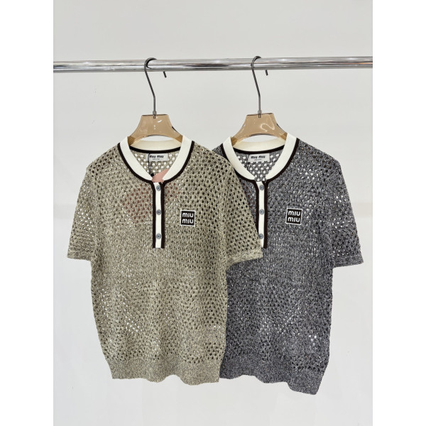 라운드넥 로고 자수 꽃무늬 칼라 이중색 브릴리언트 장식 홀로우 레저 니트 숏슬리브