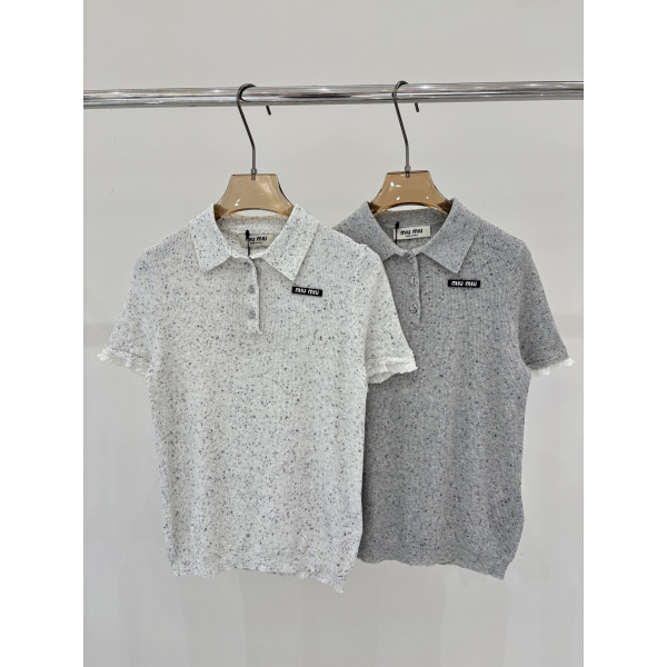 플립 칼라 로고 자수 레저 믹스 컬러 얇은 꽃 테두리 니트 숏 슬리브