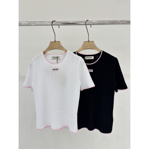 라운드넥 로고 패치 자수 심플 레저 얇은 니트 숏슬리브