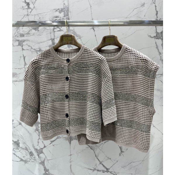 빛나는 조각 스트라이프 루즈 오픈워크 니트 셔츠