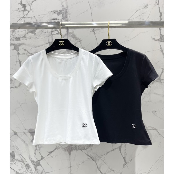 꽃무늬 U넥 자수 비즈 면 소재 반팔