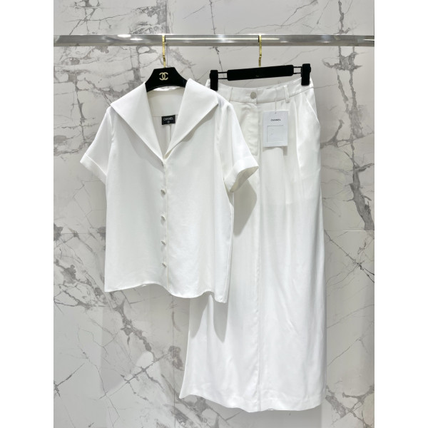 대플랩 V넥 셔츠 루즈 와이드 팬츠 세트