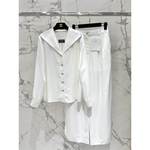 대플랩 V넥 셔츠 루즈 와이드 팬츠 세트