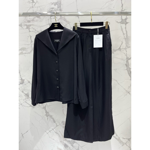 대플랩 V넥 셔츠 루즈 와이드 팬츠 세트