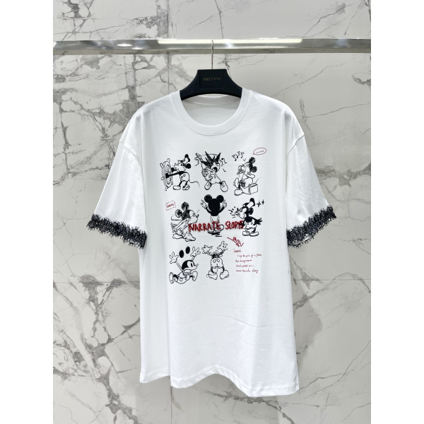 카툰 패턴 네일펄 알파벳 소매구 레이스 반팔 티셔츠