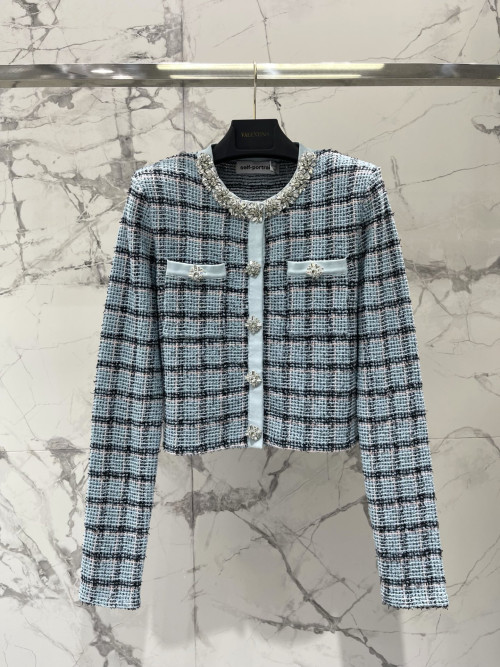 블루 체크 다이아 장식 격자 니트 외투