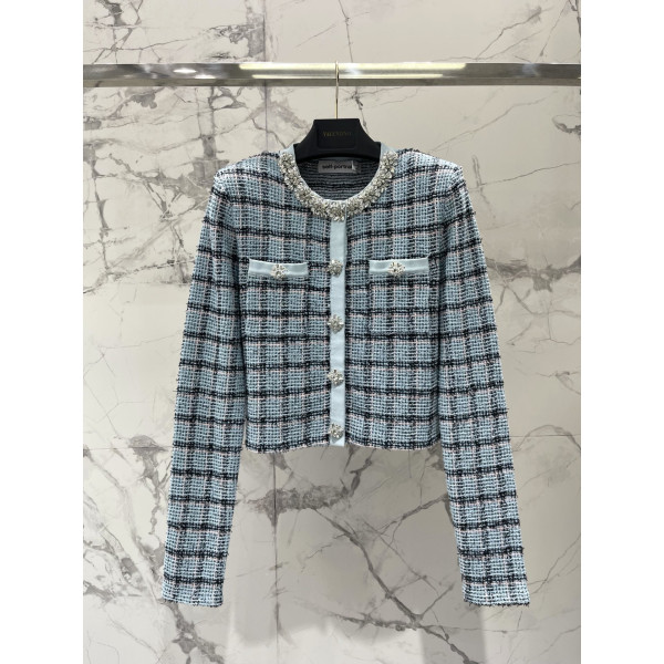 블루 체크 다이아 장식 격자 니트 외투