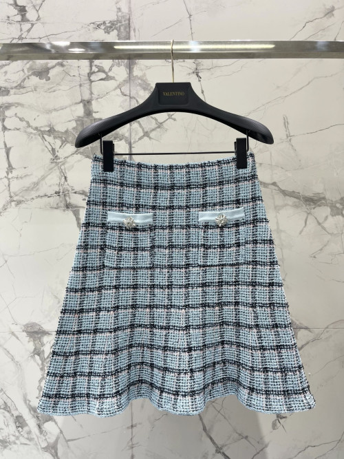 블루 체크 반신 피시테일 스커트