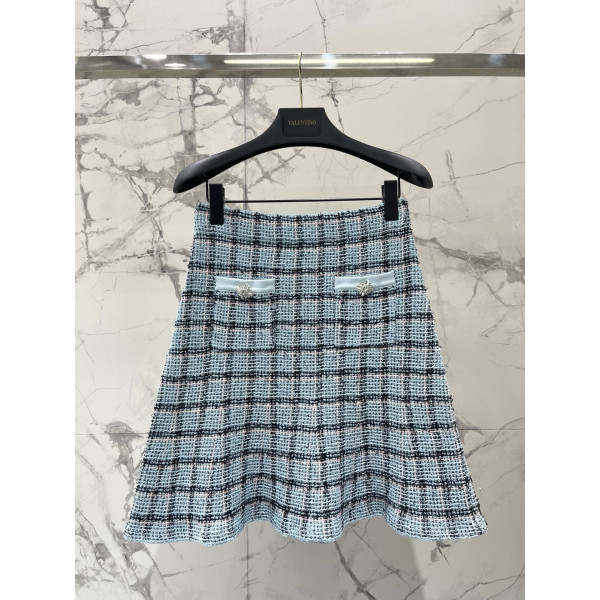 블루 체크 반신 피시테일 스커트