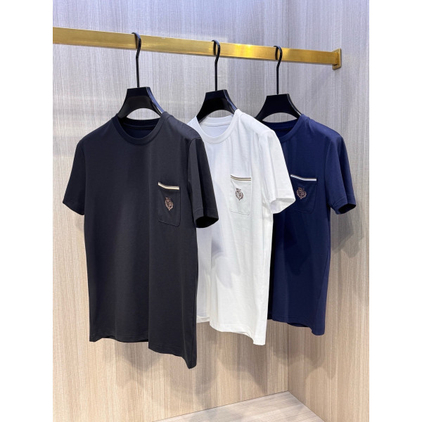 포켓 자수 남성 라운드넥 반팔 티셔츠